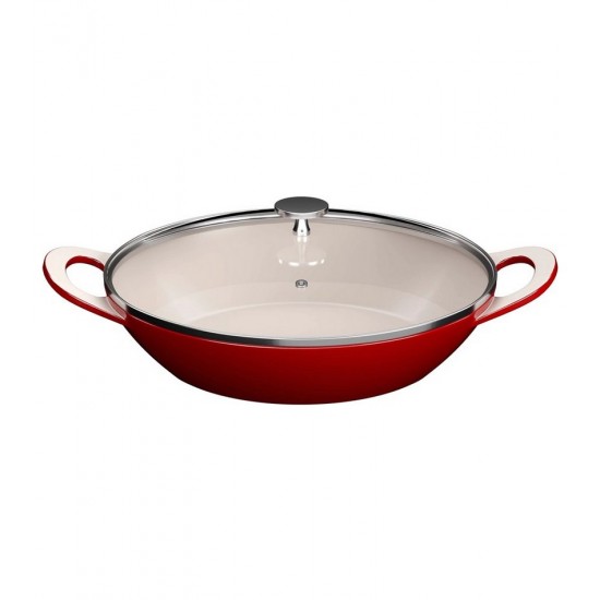 Caçarola 30cm Baixa Vermelho Com Tampa De Vidro Fundo Indução